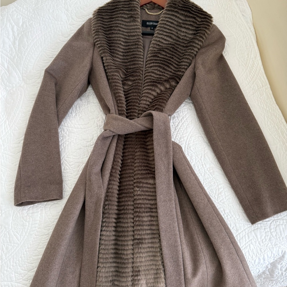 Ellen Tracy Brown Belted Coat with Faux Fur Collar